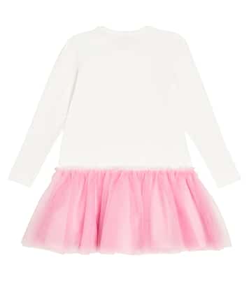 Tulle-trimmed printed cotton dress | Monnalisa