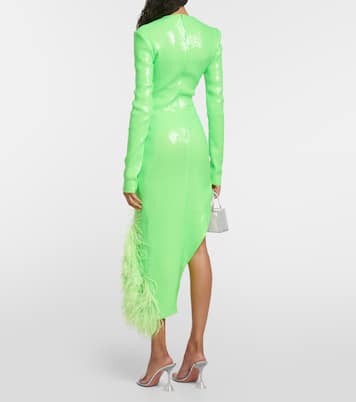 Robe midi asymétrique à sequins et plumes | David Koma