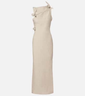Floral-appliqué asymmetric linen maxi dress | Coperni