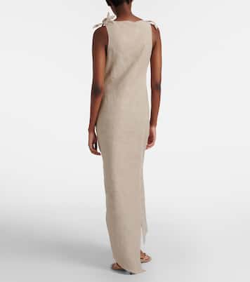 Floral-appliqué asymmetric linen maxi dress | Coperni