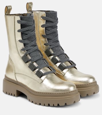 Metallic leather lace-up boots | Brunello Cucinelli