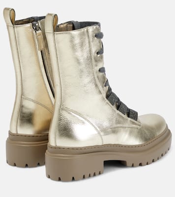 Metallic leather lace-up boots | Brunello Cucinelli