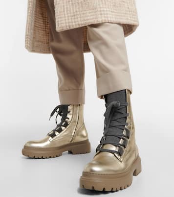 Metallic leather lace-up boots | Brunello Cucinelli