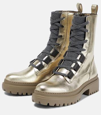 Metallic leather lace-up boots | Brunello Cucinelli