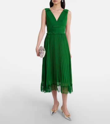 Lace-trimmed plissé chiffon midi dress | Self-Portrait