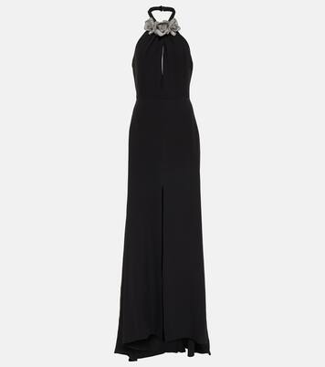 Floral-appliqué cutout front-slit gown | Valentino