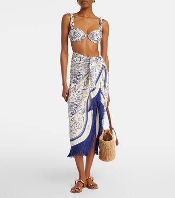 Fringed printed linen-blend beach cover-up | Simkhai