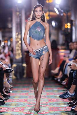Floral cropped denim bustier top | Alessandra Rich