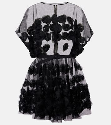 Floral-appliqué belted tulle minidress | Norma Kamali