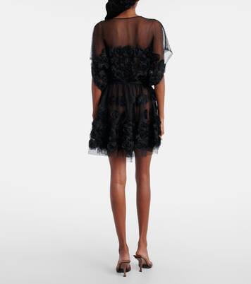 Floral-appliqué belted tulle minidress | Norma Kamali