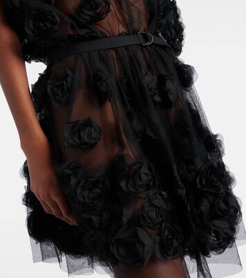 Floral-appliqué belted tulle minidress | Norma Kamali