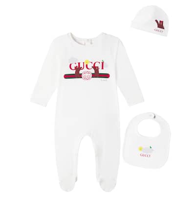 x Euan Roberts Baby cotton beanie, bib, and onesie set | Gucci Kids