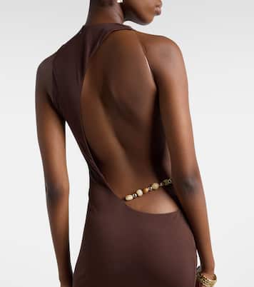 فستان سهرة مُزين بالخرز من الجيرسيه بظهر مكشوف Maha | De La Vali