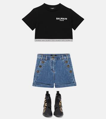 Logo cropped cotton jersey T-shirt | Balmain Kids