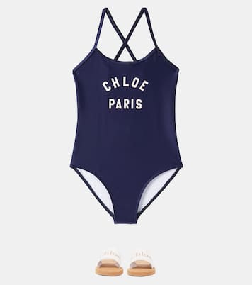 Logo embossed denim slides | Chloé Kids