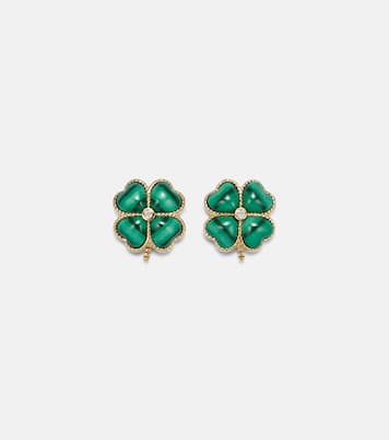 Puces Dôme Trèfle 9kt gold earrings with malachite and diamonds | Yvonne Léon
