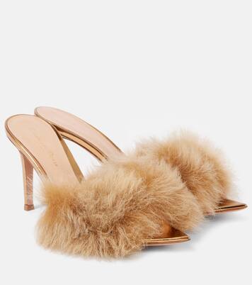 Pointy shearling-trimmed leather mules | Gianvito Rossi