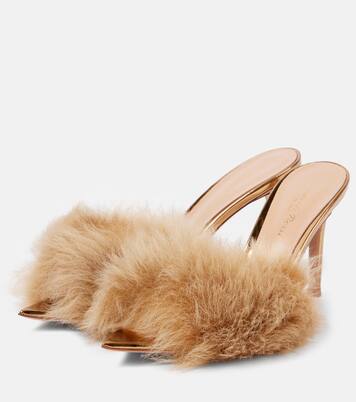 Pointy shearling-trimmed leather mules | Gianvito Rossi