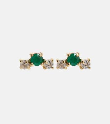 Dainty Emerald Goddess 14kt 골드 에머랄드 다이아몬드 스터드 이어링 | Stone and Strand
