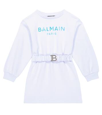 Logo belted cotton sweatshirt dress | Balmain Kids