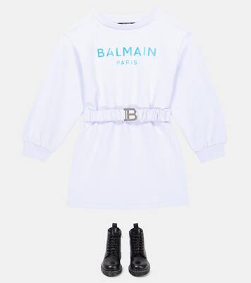 Logo belted cotton sweatshirt dress | Balmain Kids