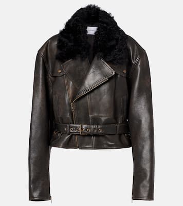 Shearling-trimmed cropped leather biker jacket | Alex Perry