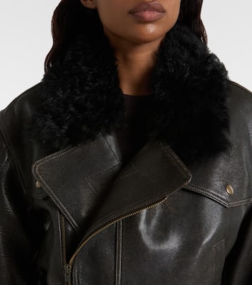 Shearling-trimmed cropped leather biker jacket | Alex Perry
