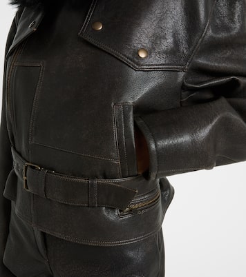 Shearling-trimmed cropped leather biker jacket | Alex Perry