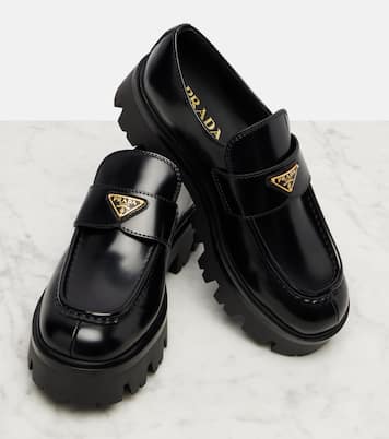 Logo leather platform loafers | Prada
