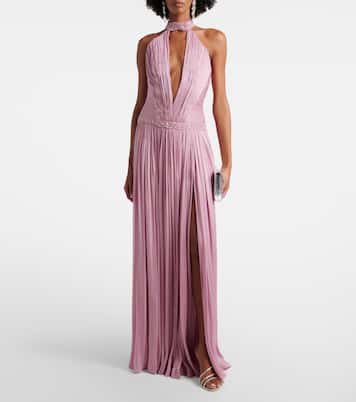 Juliette halterneck georgette lamé gown | Costarellos