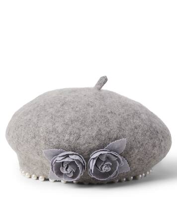 Embellished floral-appliqué felt beret | Monnalisa