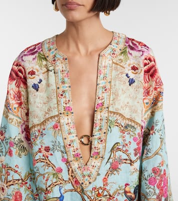 Embellished printed ring-detail linen kaftan | Camilla