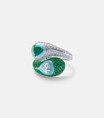 Ying Yang 18kt white gold and enamel ring with emeralds and diamonds | Kamyen
