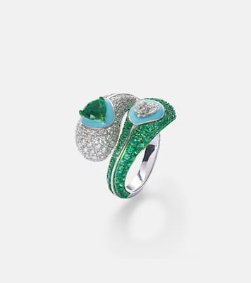 Ying Yang 18kt white gold and enamel ring with emeralds and diamonds | Kamyen