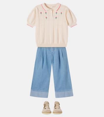 Floral-appliqué embroidered polo sweater | C'era Una Volta