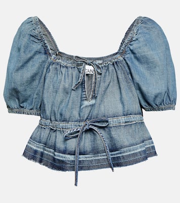 Puff-sleeve denim crop top | Ganni