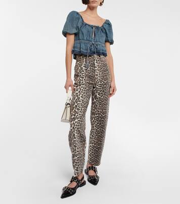 Puff-sleeve denim crop top | Ganni