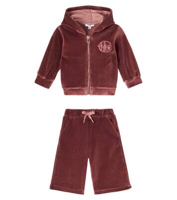 Baby set of cotton velvet hoodie and sweatpants | Chloé Kids