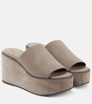 Verzierte Wedge-Pantoletten aus Veloursleder | Brunello Cucinelli