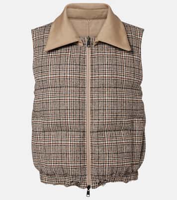 Checked leather-trimmed down vest | Brunello Cucinelli