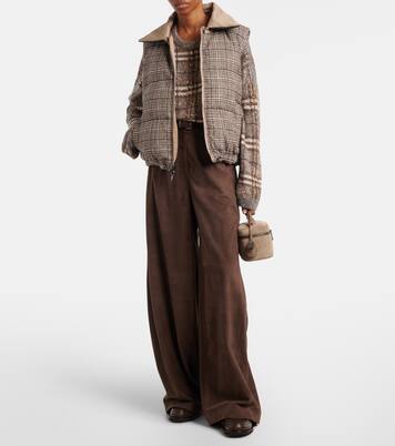 Checked leather-trimmed down vest | Brunello Cucinelli