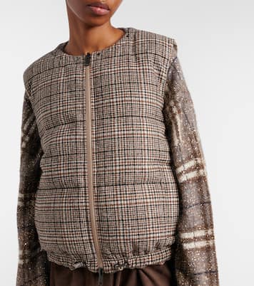 Checked leather-trimmed down vest | Brunello Cucinelli