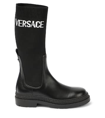 Bottines en jacquard à logo et cuir | Versace Kids