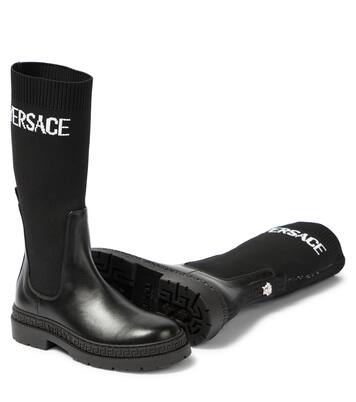 Bottines en jacquard à logo et cuir | Versace Kids
