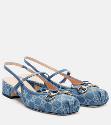 Gucci Horsebit GG denim slingback pumps | Gucci