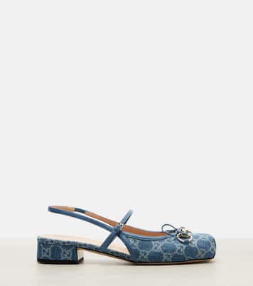 Gucci Horsebit GG denim slingback pumps | Gucci