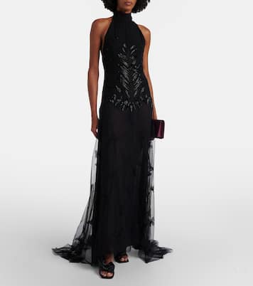 Embellished georgette and lace maxi dress | Blumarine