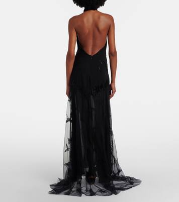 Embellished georgette and lace maxi dress | Blumarine