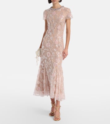 Floral sequined mesh midi dress | Self-Portrait