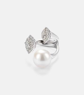 Pearlescent 18kt white gold ring with diamonds and pearl | Yeprem